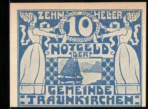 Notgeld Traunkirchen 1920, 10 Heller, Frauen in Tracht und Segelboot