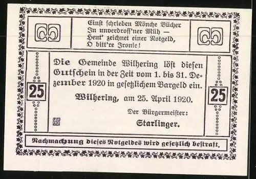 Notgeld Wilhering 1920, 25 Heller, Schloss mit Wappen