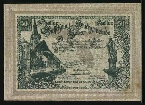 Notgeld Ybbs 1920, 50 Heller, Teilansicht mit Kirche, Statue, Stadtsiegel