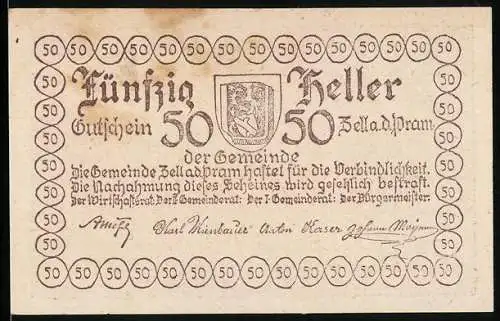 Notgeld Zell an der Pram 1920, 50 Heller, Wappen, Schloss Zell im 16. und 17. Jahrhundert