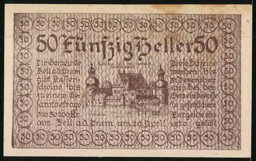 Notgeld Zell an der Pram 1920, 50 Heller, Wappen, Schloss Zell im 16. und 17. Jahrhundert