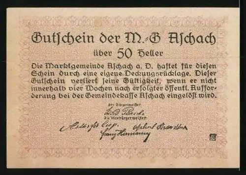 Notgeld Aschach a. D. 1920, 50 Heller, Wappen, Frauengestalt über dem Wasser