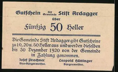 Notgeld Ardagger 1920, 50 Heller, Stift Ardagger