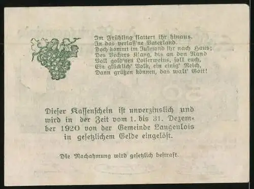 Notgeld Langenlois 1920, 50 Heller, Teilansicht mit Kirche
