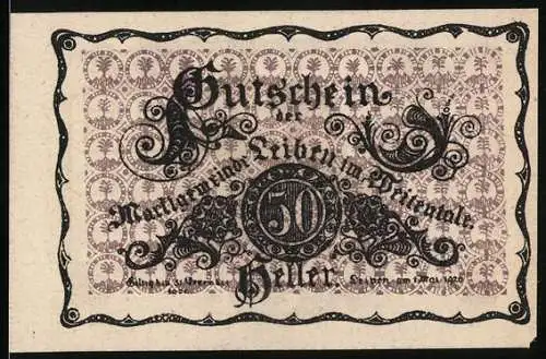 Notgeld Leiben im Weitental 1920, 50 Heller, Schloss Leiben