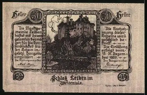 Notgeld Leiben im Weitental 1920, 50 Heller, Schloss Leiben