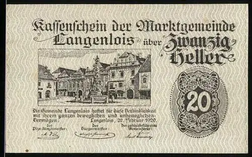 Notgeld Langenlois 1920, 20 Heller, Ortspartie mit Brunnen