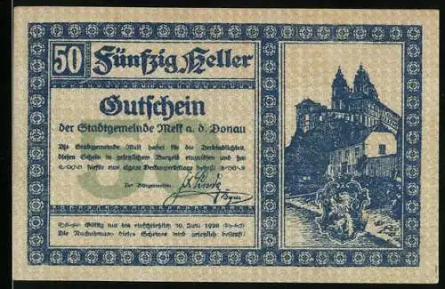 Notgeld Melk a. d. Donau 1920, 50 Heller, Blick zum Stift