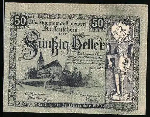 Notgeld Loosdorf 1920, 50 Heller, Kirche und Wappen
