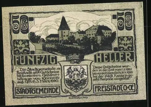 Notgeld Freistadt 1920, 50 Heller, Teilansicht mit Wappen