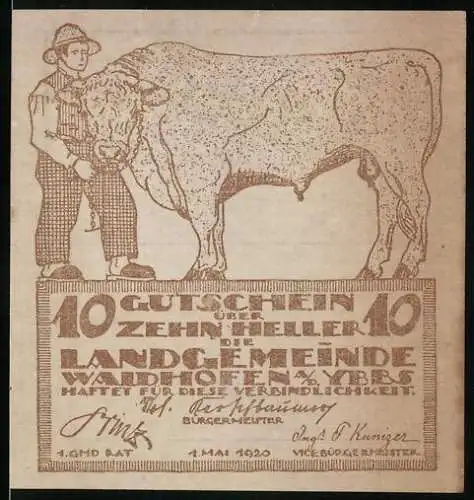 Notgeld Waidhofen a. d. Ybbs 1920, 10 Heller, Bauer mit einem Ochsen
