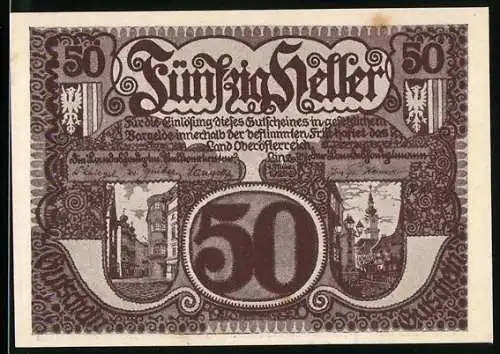 Notgeld Linz 1920, 50 Heller, Wappen, Ortspartie und Kirche