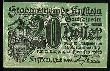 Notgeld Kufstein 1919, 20 Heller, Blick zum Schloss