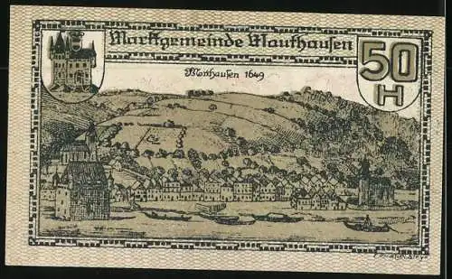 Notgeld Mauthausen, 50 Heller, Ortsansicht im Jahre 1649 mit Wappen