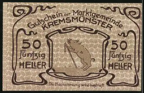 Notgeld Kremsmünster 1920, 50 Heller, Sternwarte und Glücksschwein