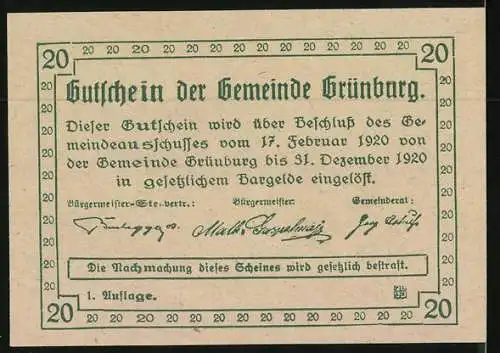 Notgeld Grünburg 1920, 20 Heller, Ortsansicht mit Getreide