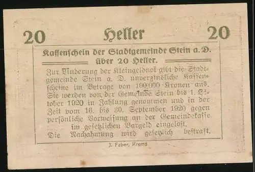 Notgeld Stein a. d. Donau 1920, 20 Heller, Ortsansicht