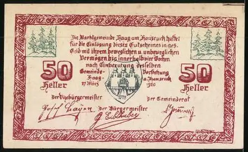 Notgeld Haag am Hausruck1920, 50 Heller, Blick zur Kirche und Wappen