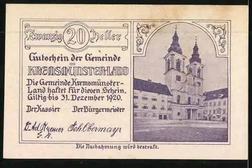 Notgeld Kremsmünster-Land 1920, 20 Heller, Cassilobecher 777 und Stiftskirche