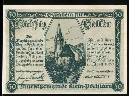 Notgeld Klein-Pöchlarn 1920, 50 Heller, Kirche und Siegel