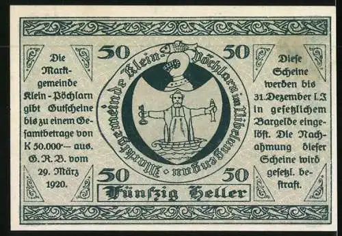 Notgeld Klein-Pöchlarn 1920, 50 Heller, Kirche und Siegel
