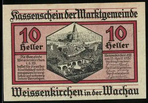 Notgeld Weissenkirchen in der Wachau 1920, 10 Heller, Teilansicht mit Kirche