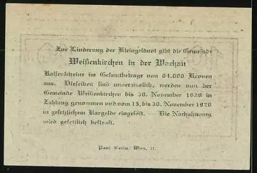 Notgeld Weissenkirchen in der Wachau 1920, 10 Heller, Teilansicht mit Kirche