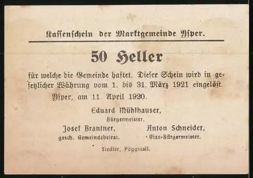 Notgeld Ysper 1920, 50 Heller, Prangersäule aus dem Jahre 1314