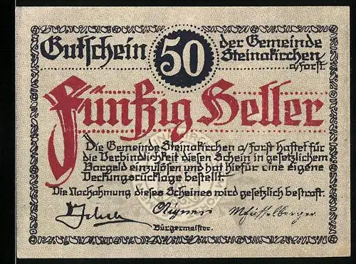 Notgeld Steinakirchen am Forst 1922, 50 Heller, Wappen