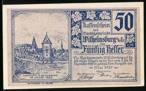 Notgeld Wilhelmsburg a. d. Tr. 1920, 50 Heller, Hauptplatz in Wilhelmsburg im Jahre 1830, Wappen