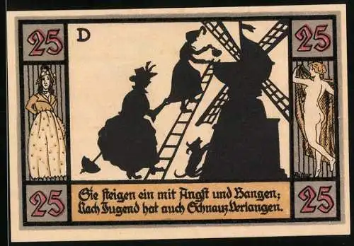 Notgeld Apolda 1921, 25 Pfennig, Frauen auf der Leiter zur Mühle und Wappen