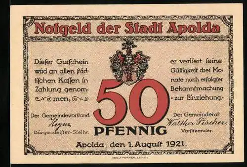 Notgeld Apolda 1921, 50 Pfennig, Wappen, Blick zum Hundemarkt