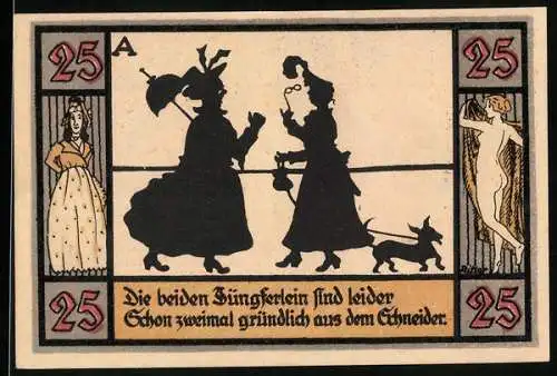 Notgeld Apolda 1921, 25 Pfennig, beide Jüngferlein schon zweimal aus dem Schneider und Wappen