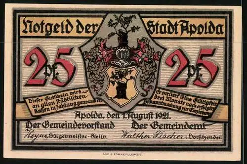 Notgeld Apolda 1921, 25 Pfennig, beide Jüngferlein schon zweimal aus dem Schneider und Wappen