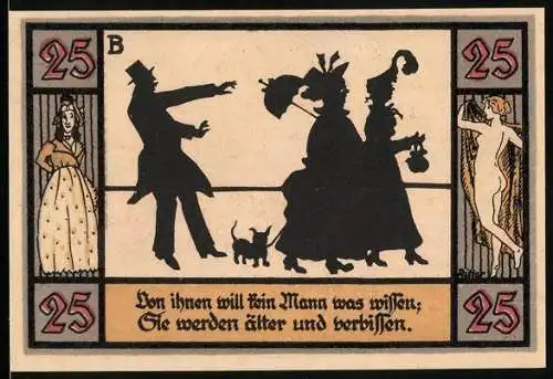Notgeld Apolda 1921, 25 Pfennig, von beiden Frauen will kein Mann etwas wissen und Wappen