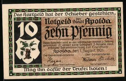 Notgeld Apolda 1921, 10 Pfennig, Strickjacken und Schals liefert Apoldas Wirkindustrie