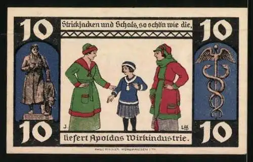 Notgeld Apolda 1921, 10 Pfennig, Strickjacken und Schals liefert Apoldas Wirkindustrie