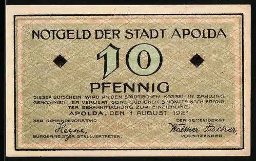 Notgeld Apolda 1921, 10 Pfennig, Noten Klapperschlange