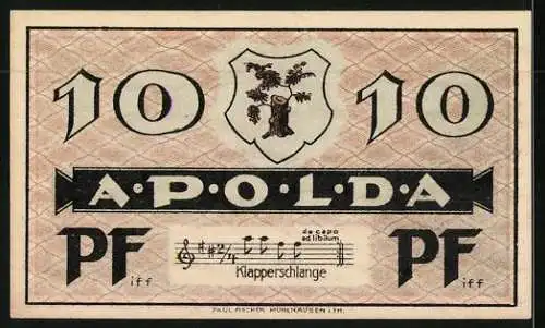 Notgeld Apolda 1921, 10 Pfennig, Noten Klapperschlange