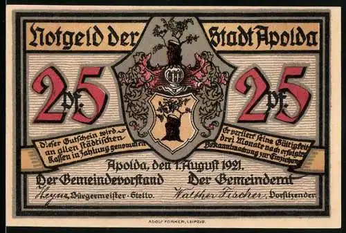 Notgeld Apolda 1921, 25 Pfennig, Wappen, zwei junge Mädels mit Schnauz