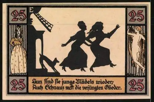 Notgeld Apolda 1921, 25 Pfennig, Wappen, zwei junge Mädels mit Schnauz