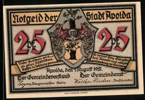 Notgeld Apolda 1921, 25 Pfennig, Wappen, Der Abschluss ist ein kolossaler doch wer`s nicht glaubt, bezahlt `nen Taler