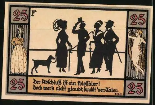 Notgeld Apolda 1921, 25 Pfennig, Wappen, Der Abschluss ist ein kolossaler doch wer`s nicht glaubt, bezahlt `nen Taler