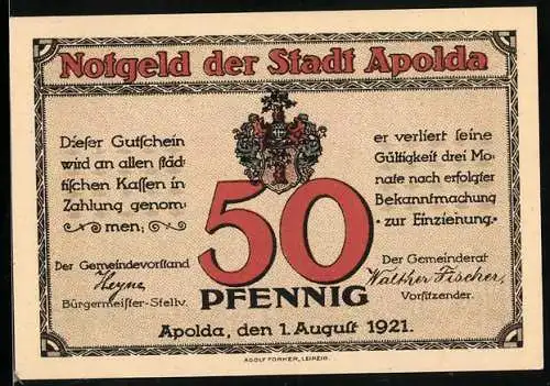 Notgeld Apolda 1921, 50 Pfennig, Wappen, Stadtansicht zuweilen auch Gramont genannt