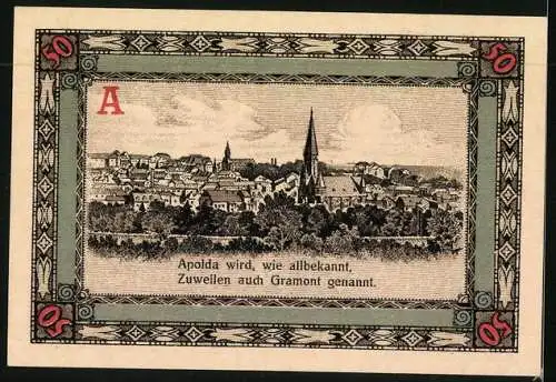 Notgeld Apolda 1921, 50 Pfennig, Wappen, Stadtansicht zuweilen auch Gramont genannt