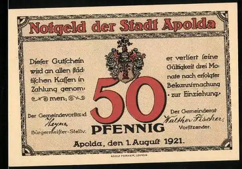 Notgeld Apolda 1921, 50 Pfennig, Wappen, Blick zum Schloss