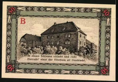Notgeld Apolda 1921, 50 Pfennig, Wappen, Blick zum Schloss