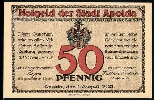 Notgeld Apolda 1921, 50 Pfennig, Wappen, Maschine zur Fertigung von Wollartikeln