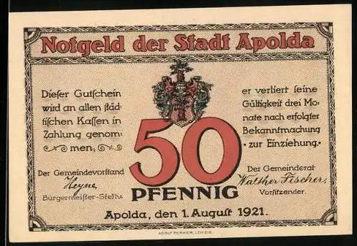 Notgeld Apolda 1921, 50 Pfennig, Wappen, Glocken in Apolda gefertigt