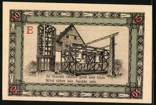 Notgeld Apolda 1921, 50 Pfennig, Wappen, Glocken in Apolda gefertigt